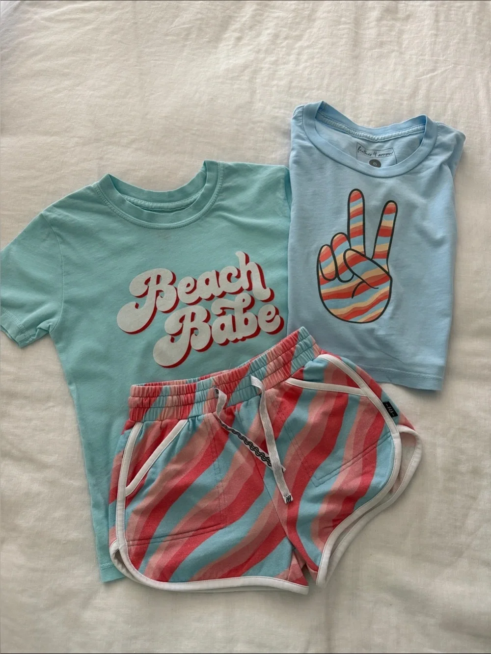 Feather 4 Arrow Cotton 3 pc Set - Aqua 2 Tees & Striped Shorts sz 6 and 5